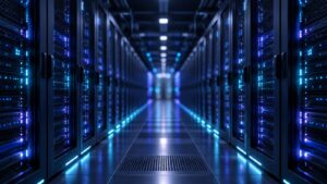A dark data center aisle receding into the distance under indigo and cyan light