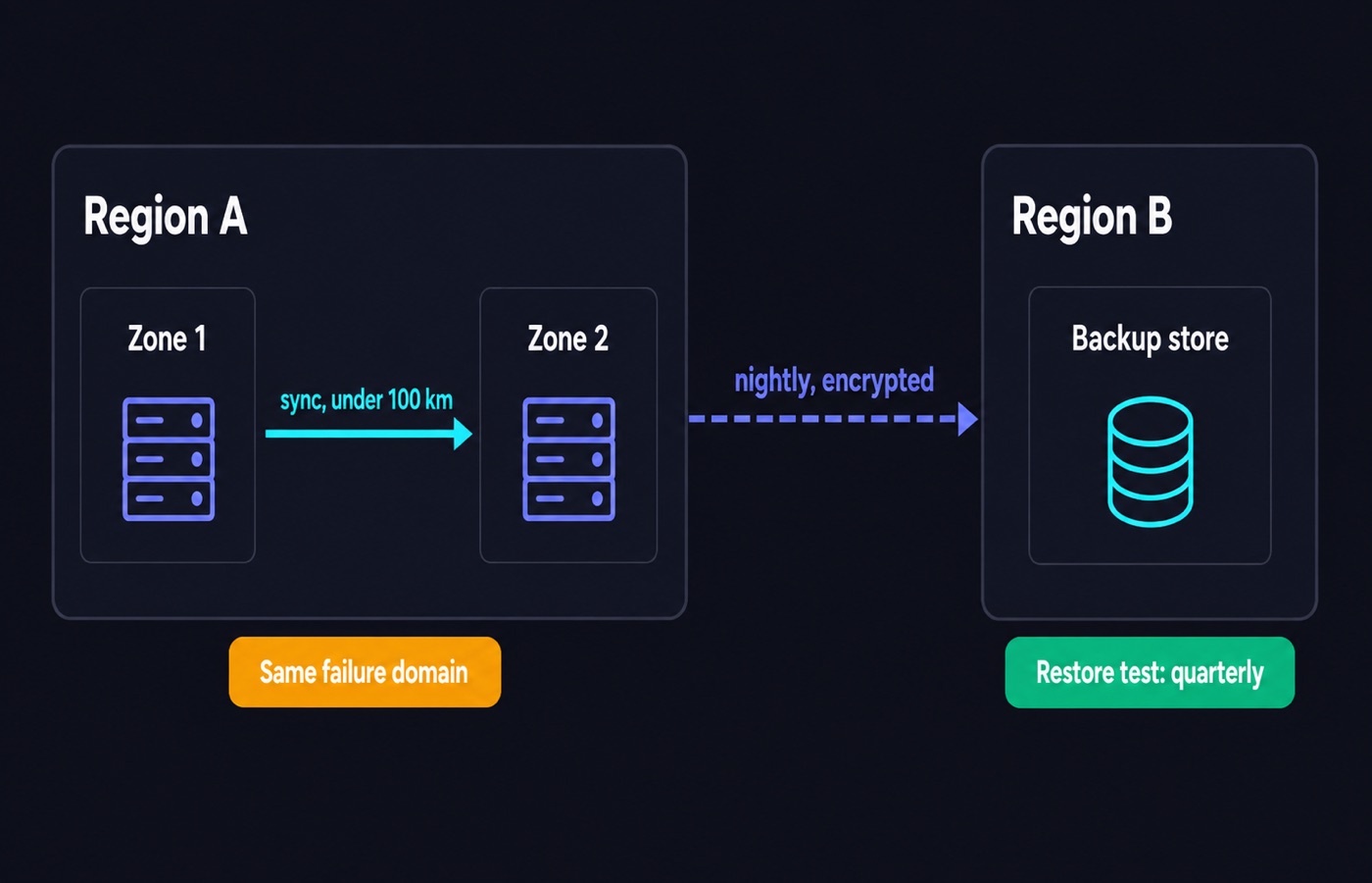Diagram of production servers in two availability zones with backups replicated to a second region