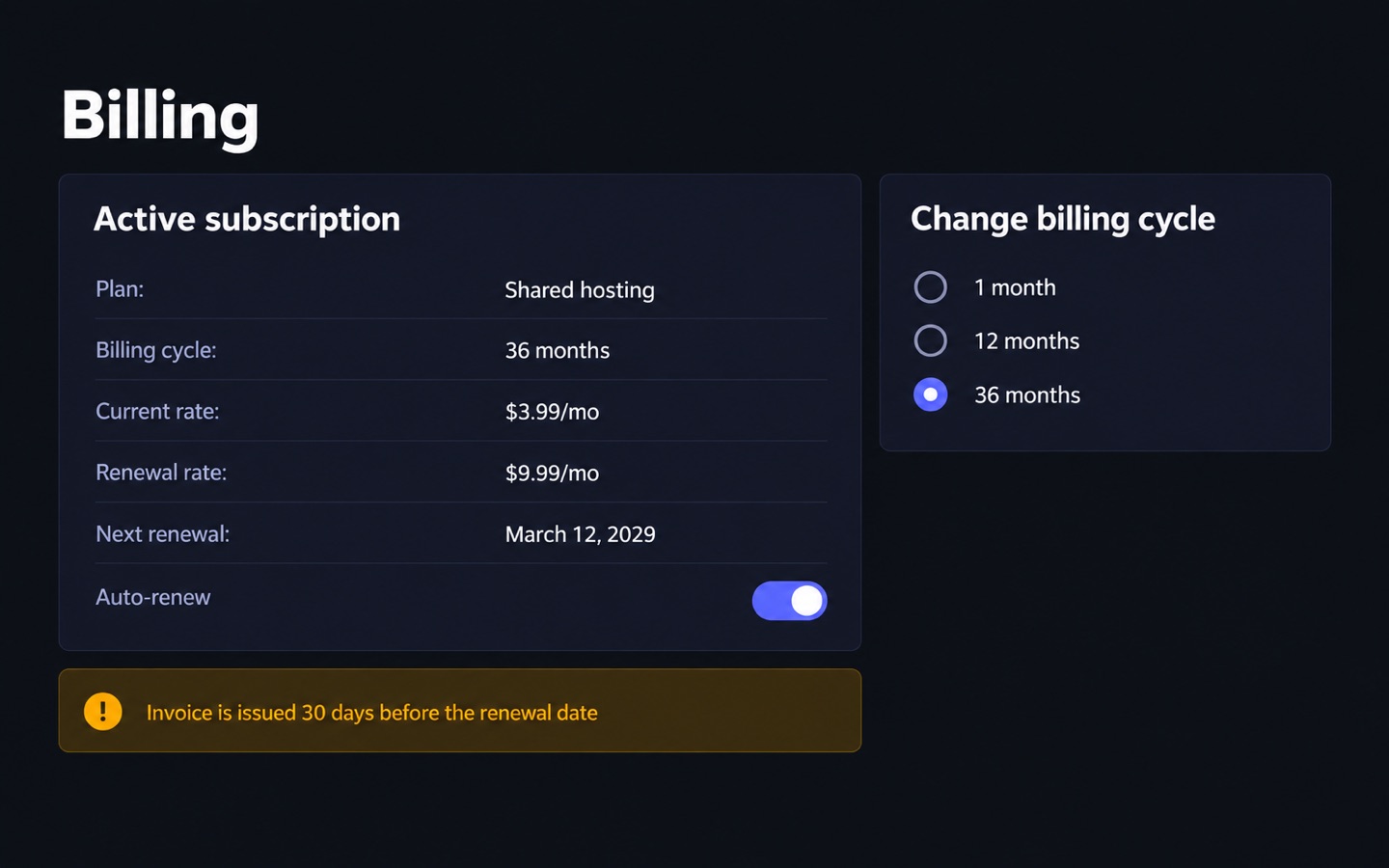 Billing page showing the current rate, the renewal rate, the next renewal date and an auto-renew toggle