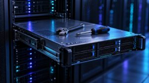 A server pulled out of a rack with hand tools resting on top of it